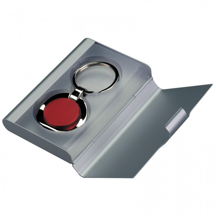 Key chain chromed red, in metal box - Click Image to Close